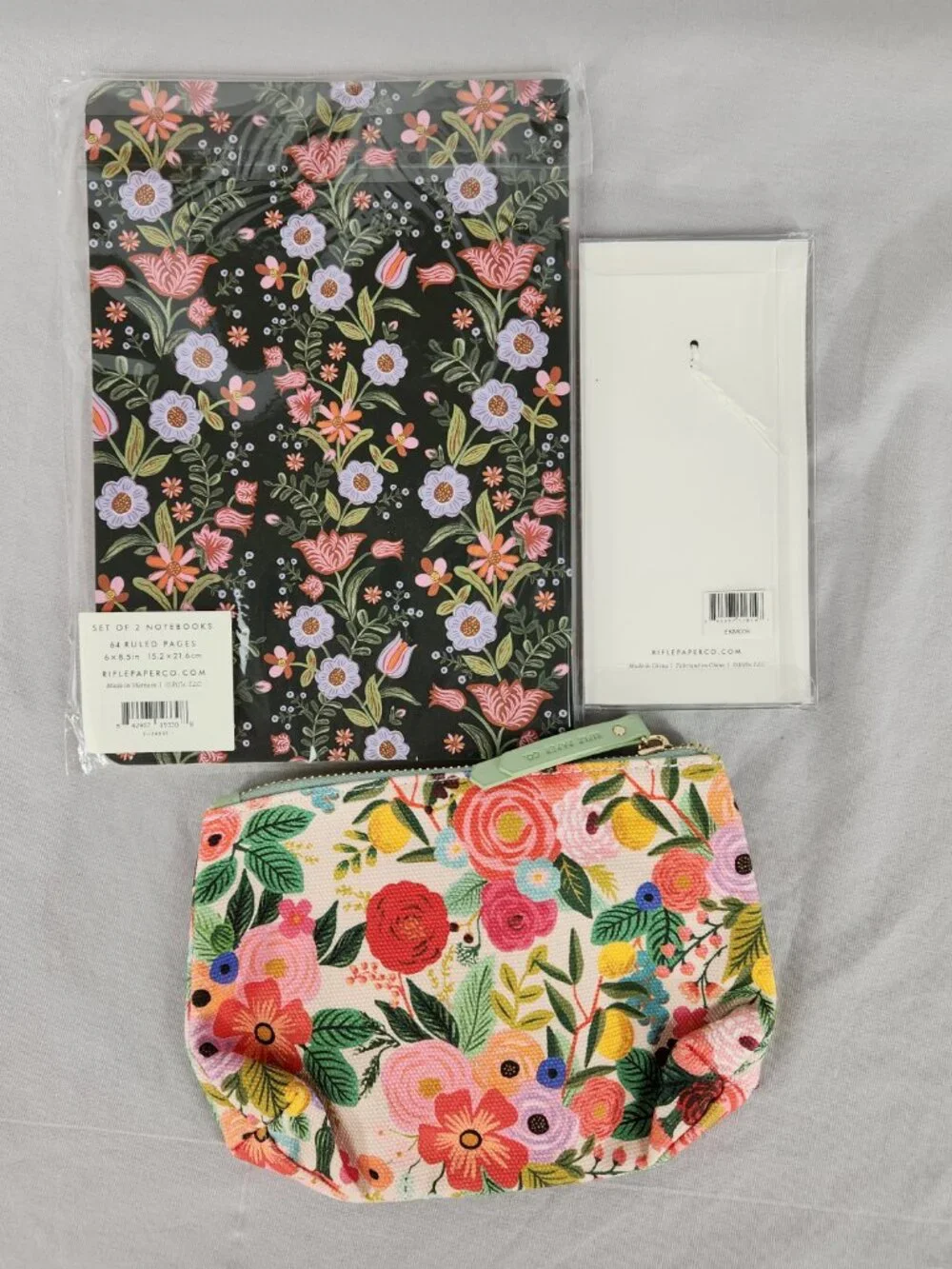 New Rifle Paper Company Lot 2 Notebooks ZIpper Pouch Keychain Floral Garden